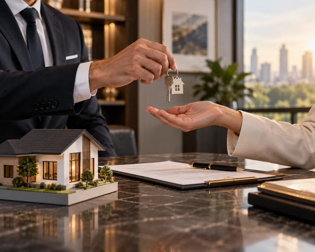 Entrega das chaves sobre a mesa do escritório, com maquete da casa e contrato de compra e venda