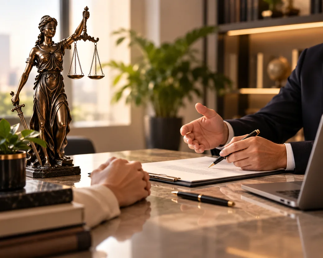 Estátua da Justiça sobre a mesa durante um atendimento, com documento e caneta, casos de direito civil