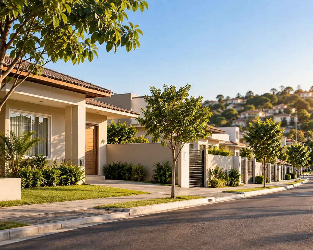 Rua residencial com casas, calçada e árvores, área de regularização fundiária e REURB