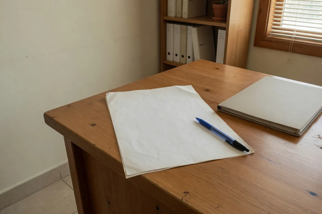 Contrato de compra e venda de imóvel aberto sobre a mesa do escritório, documento de quem pagou e não recebeu a escritura