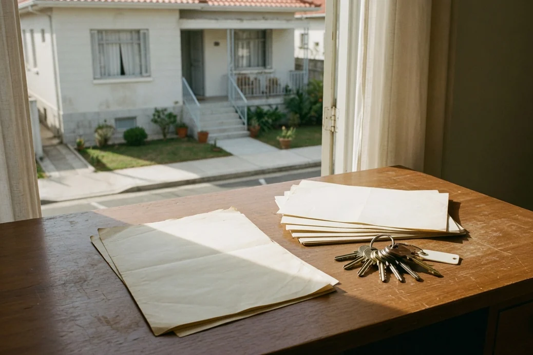 Escritura e certidões de imóvel sobre a mesa do escritório, com molho de chaves ao lado, imóvel de herança que segue sem inventário