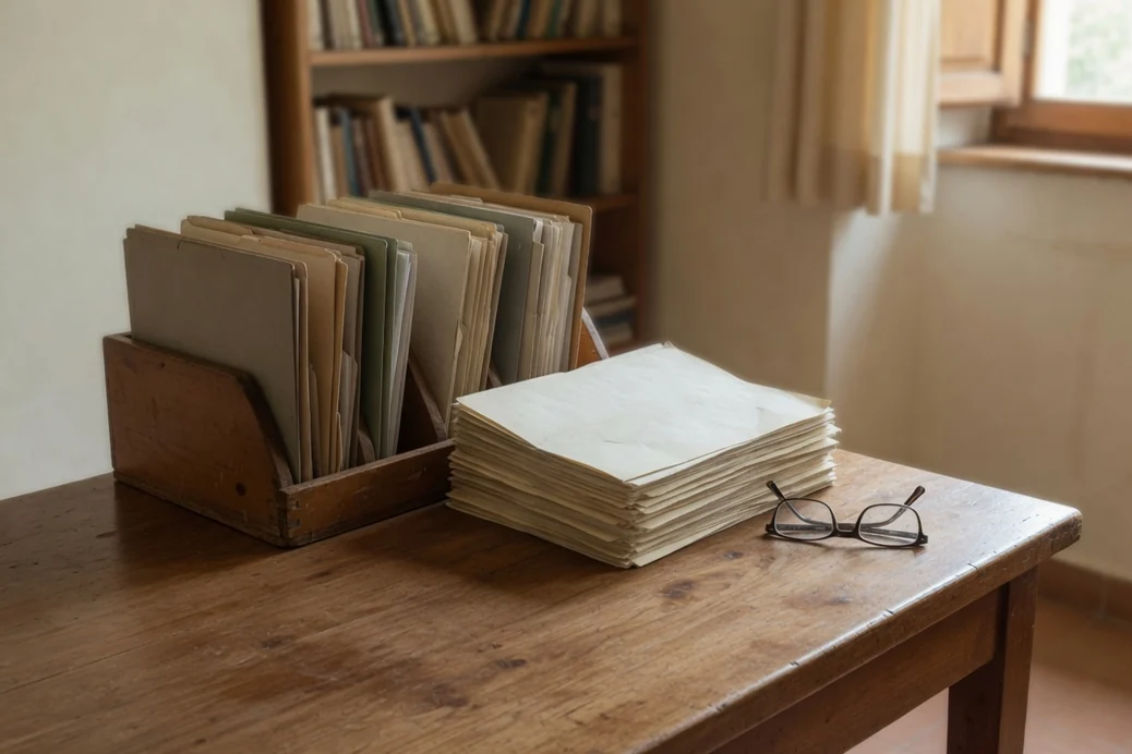 Pastas de documentos e certidões organizadas sobre a mesa do escritório, com óculos de leitura ao lado, caso que entra em inventário