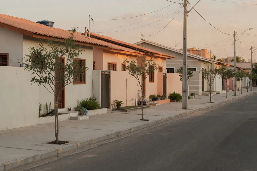 Rua residencial urbanizada com casas conservadas, calçada e meio-fio regulares, área ainda não regularizada