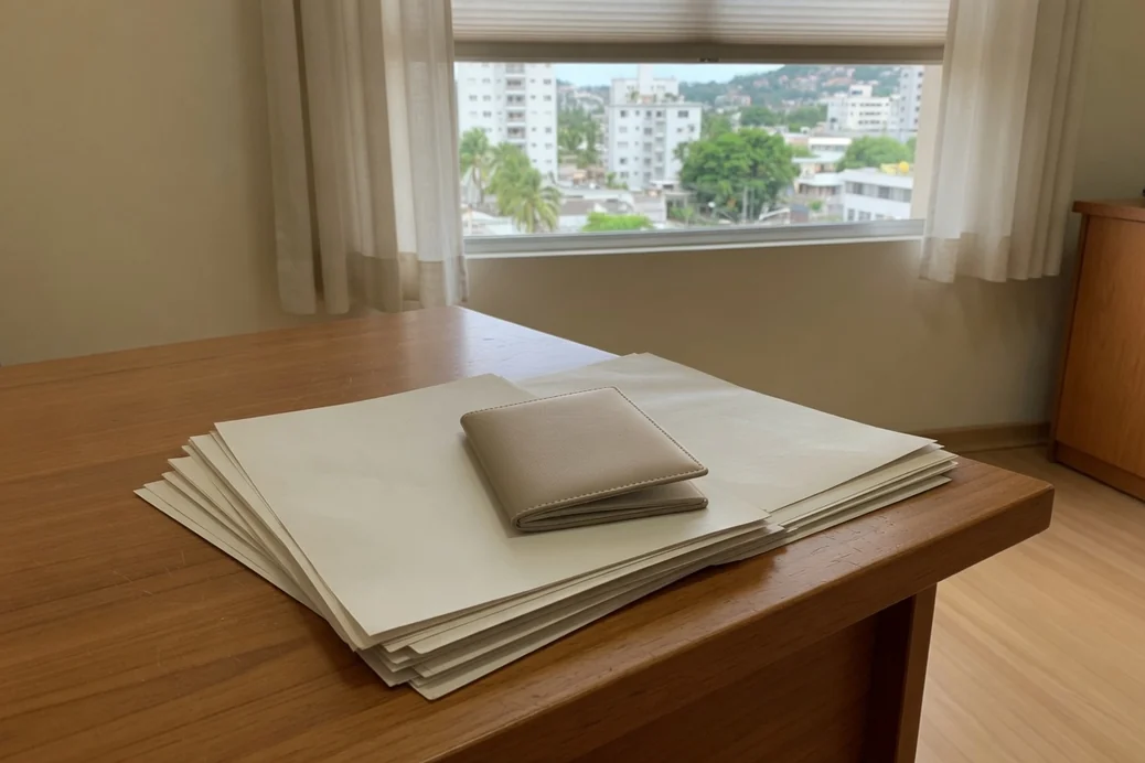 Documentos e um passaporte fechado sobre a mesa do escritório, sucessão com bens ou herdeiros em outro país