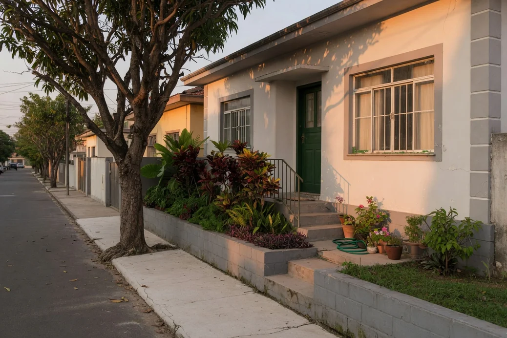 Casa térrea bem conservada vista da calçada, com jardim maduro e muro baixo, posse antiga de quem mora no imóvel há muitos anos
