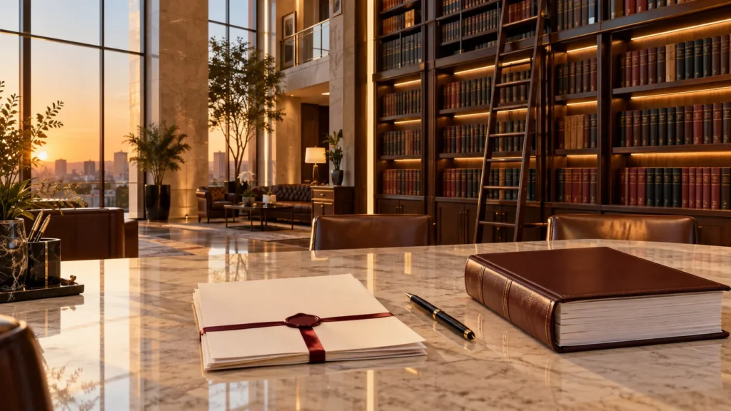 Biblioteca jurídica de escritório de advocacia com escritura lacrada de um lado e processo encadernado do outro sobre mesa de mármore