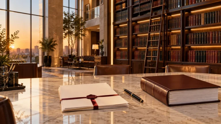 Biblioteca jurídica de escritório de advocacia com escritura lacrada de um lado e processo encadernado do outro sobre mesa de mármore