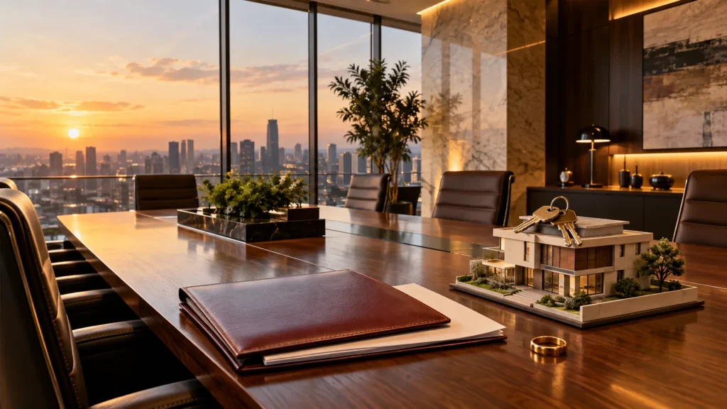 Sala de reunião de escritório de advocacia com vista para a cidade, maquete de casa com chaves, aliança solitária e pasta de couro sobre a mesa