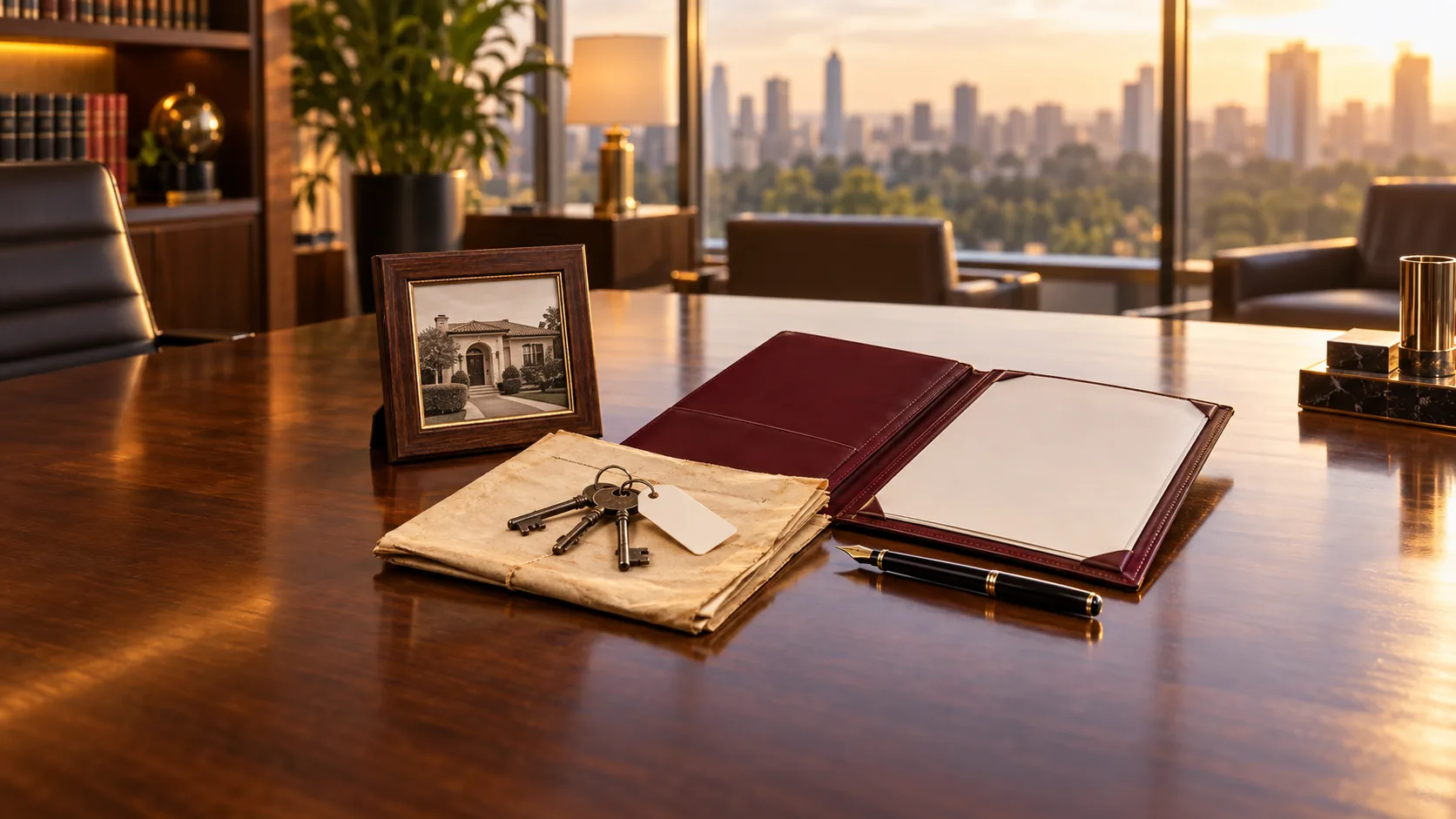 Escritura antiga do imóvel com as chaves da casa, foto emoldurada da fachada e pasta com a matrícula sobre a mesa do escritório