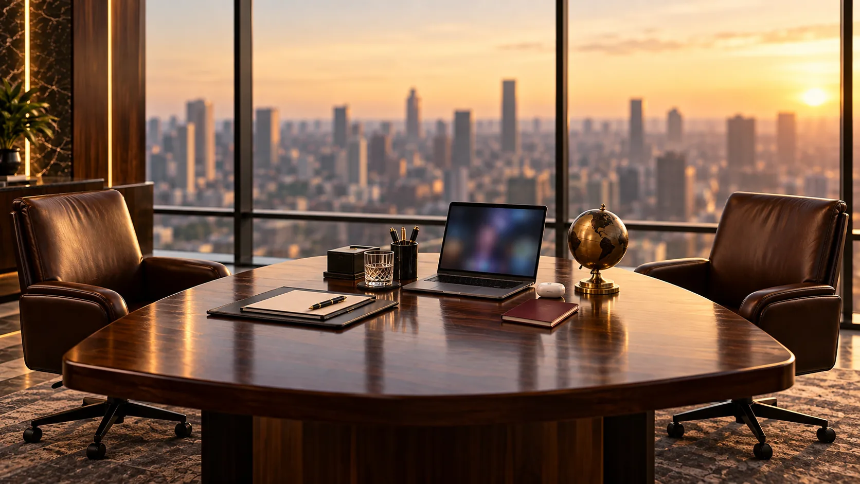 Sala de reunião com poltronas para o atendimento presencial e, na mesa, notebook em videochamada, fone, passaporte e globo para o atendimento a distância