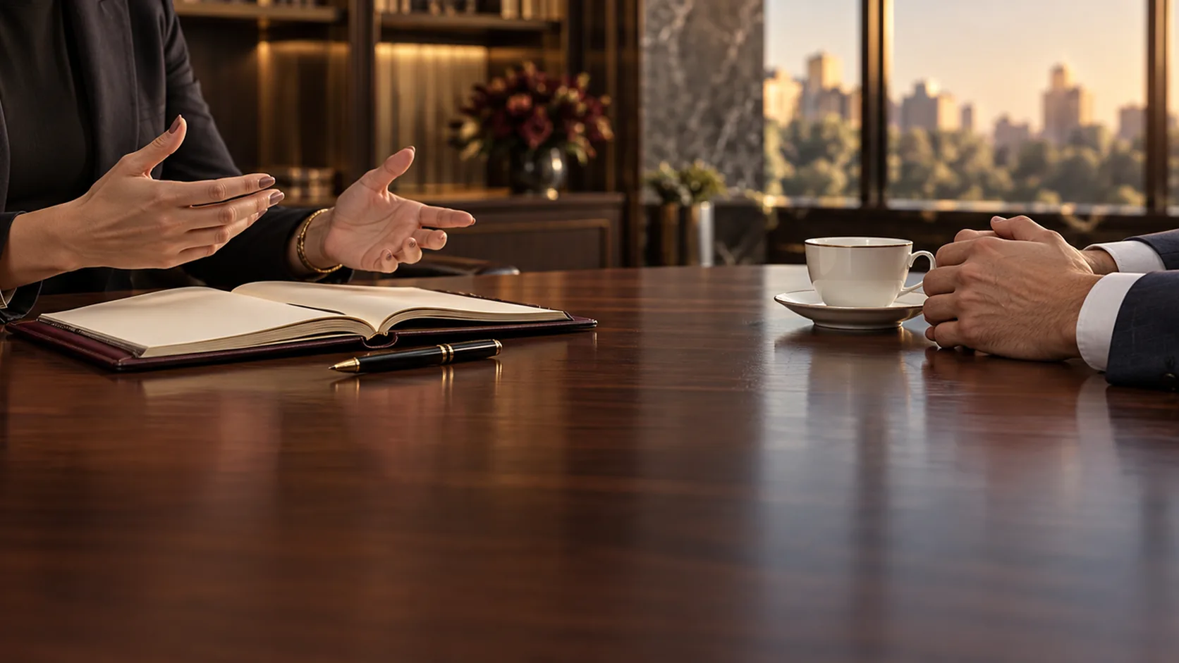 Advogada explicando o caso ao cliente frente a frente na mesa de reunião do escritório, com caderno aberto, caneta-tinteiro e xícara de café