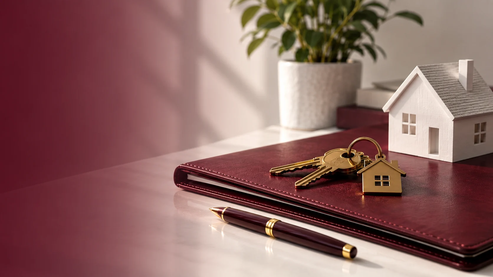 Agenda de couro bordô com molho de chaves e chaveiro de casa, caneta e maquete de casa sobre mármore, na mesa do escritório