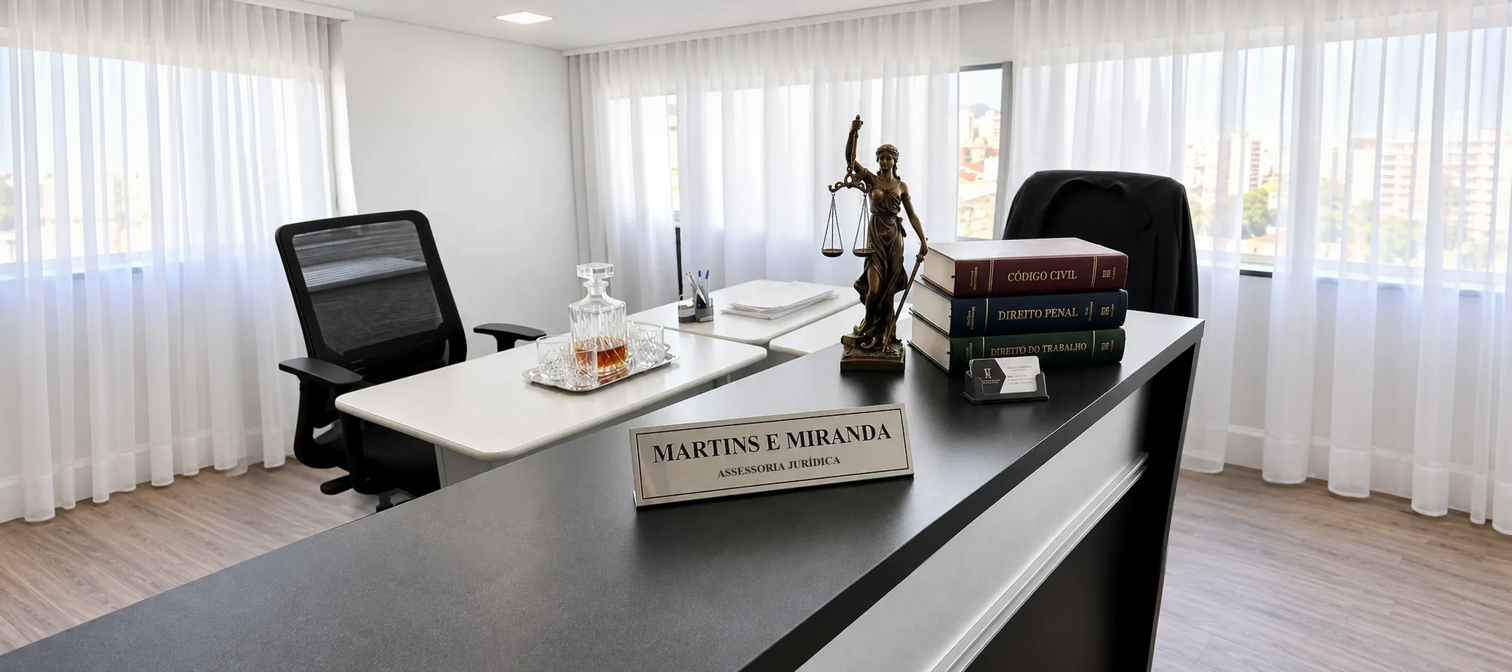 Balcão do escritório Martins e Miranda, com a placa da firma e livros de direito